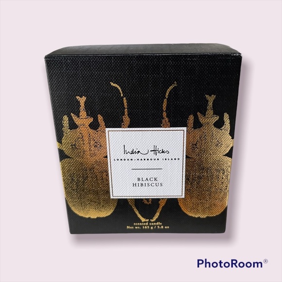India Hicks Black Hibiscus Candle with Gold Beetle Motif - Picture 2 of 4